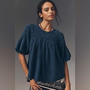 NWT Anthropologie Liza Smocked Denim Puff Sleeve Blouse Size Large